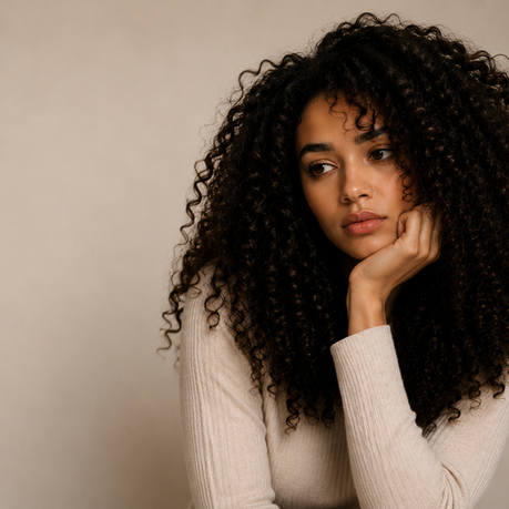 Jeune femme aux cheveux bouclés naturels dans une ambiance douce et minimaliste illustrant l’évolution du regard porté sur les cheveux texturés.