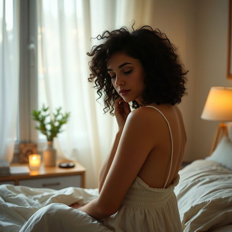 Une femme aux cheveux bouclés se prépare à sa routine nuit dans sa chambre