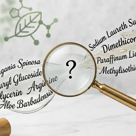 Comparaison entre une liste INCI de shampoing naturel (ingrédients en latin et chimie verte) et une liste INCI conventionnelle sous une loupe, sur un fond épuré avec des flacons neutres.