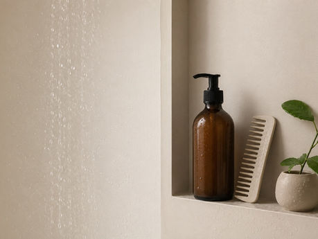 Douche minimaliste avec peigne à dents larges et démêlant, illustrant le démêlage des cheveux bouclés sous la douche.