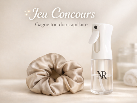 Duo capillaire premium posé sur un plan de travail beige minimaliste, scrunchie en soie kaki clair et vaporisateur brume fine élégant avec le logo NR, lumière douce et naturelle, photographie produit haut de gamme.