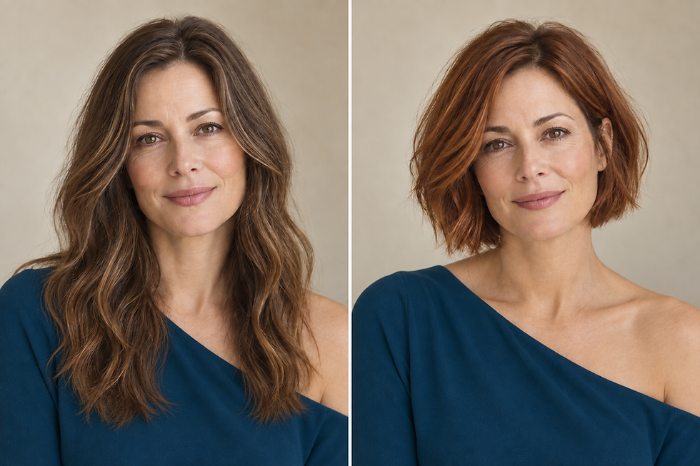 Avant-après de la même femme en haut bleu pétrole : cheveux longs châtains ondulés à gauche, carré court cuivré à droite.