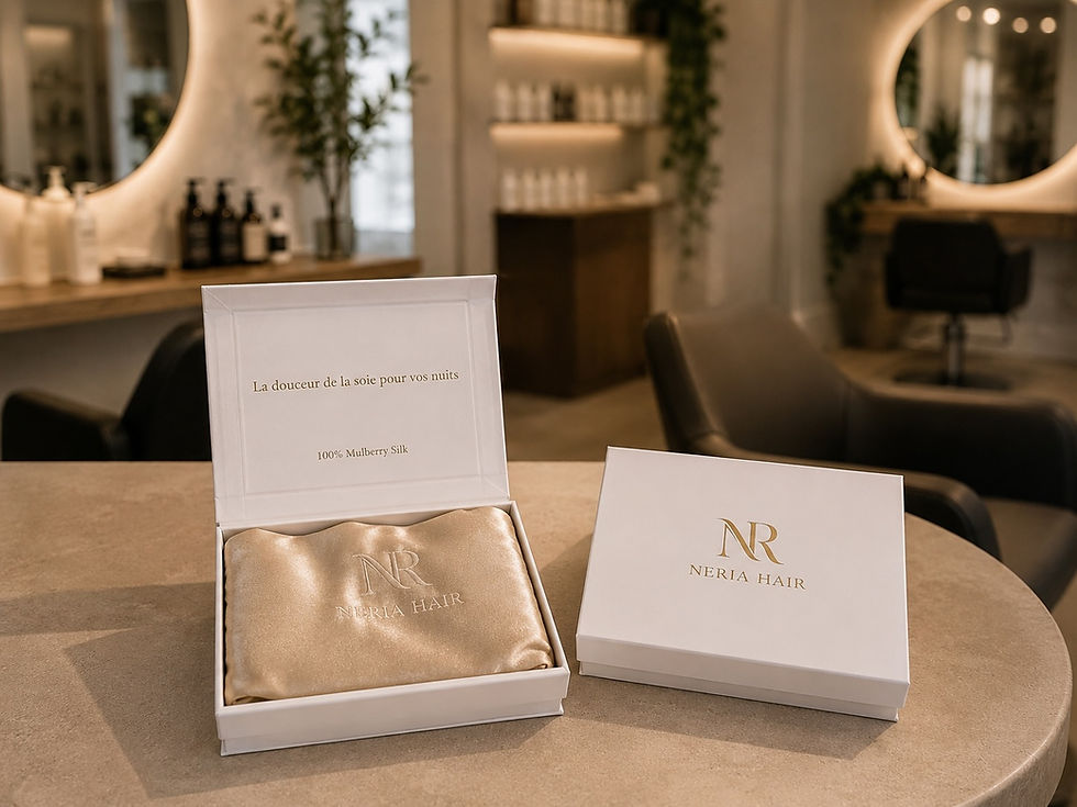 Coffrets Neria Hair en soie de mûrier présentés dans un salon de coiffure partenaire – accessoires premium pour cheveux bouclés et ondulés.