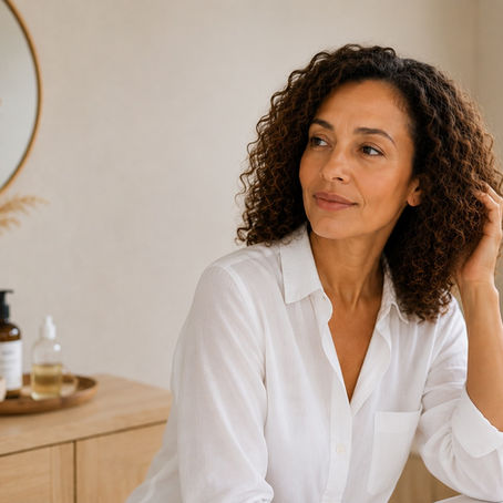 Femme aux cheveux bouclés portant une chemise blanche dans une salle de bain minimaliste aux tons beiges et naturels, illustrant l’évolution des cheveux bouclés avec l’âge.