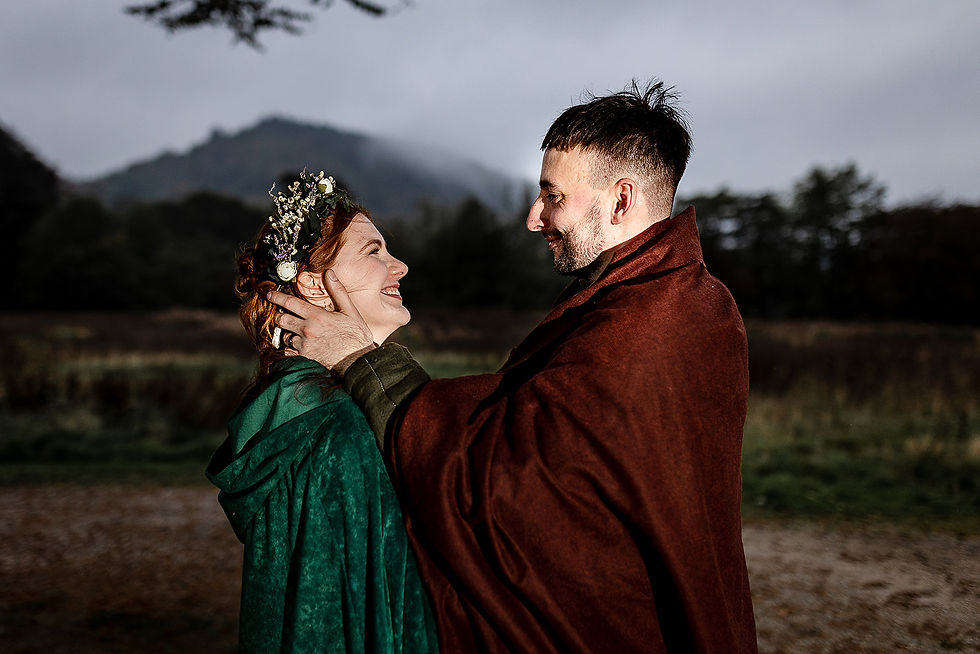 Flash lighting, inspired by Lord of the Rings the bride and groom look lovingly in to each others eyes