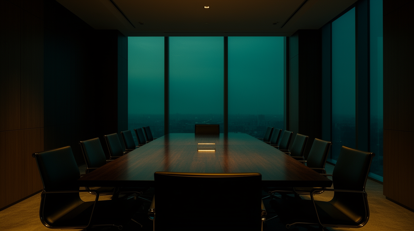 Empty executive boardroom at dusk in teal and gold light