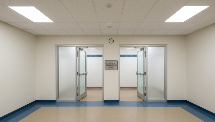 Overhead view of a clean restroom entrance with a small sign explaining environmental vape detection.