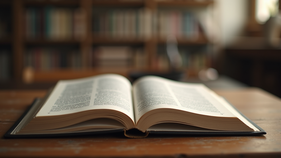 Eye-level view of an open book on a wooden table