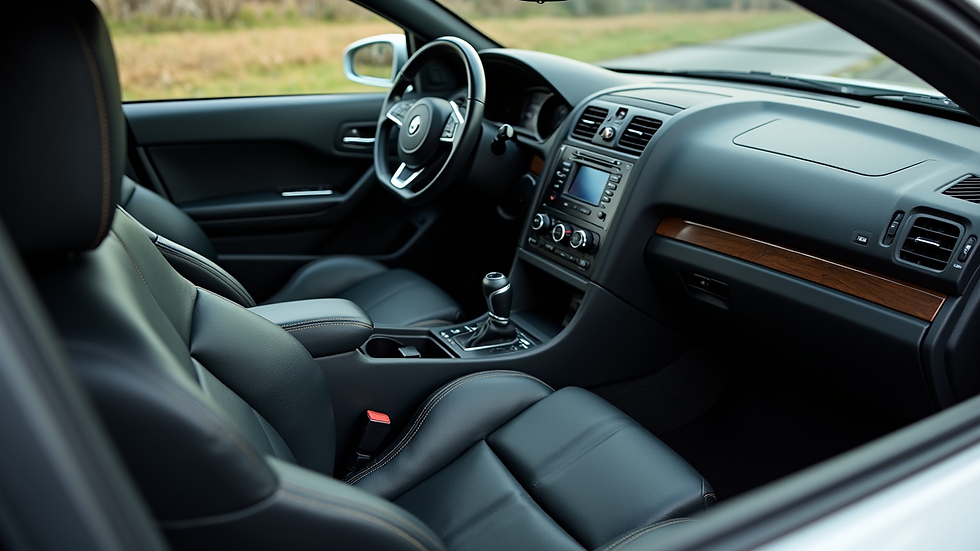 High angle view of a detailed car interior with clean seats and dashboard