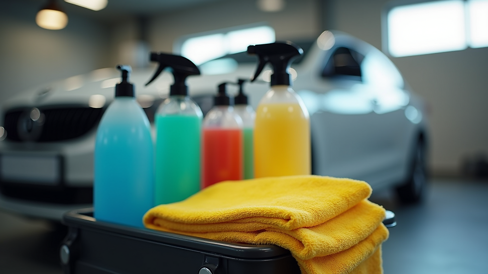 Close-up view of eco-friendly car cleaning products on a detailing cart