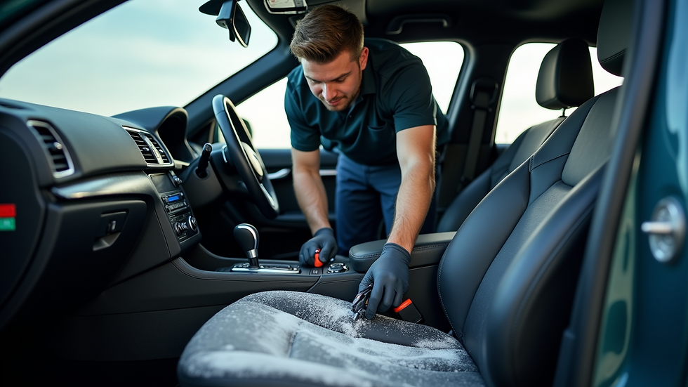 Eye-level view of a professional detailer cleaning a car’s interior with a vacuum