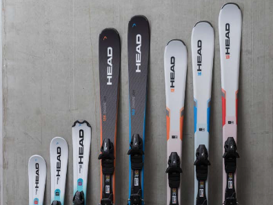 Head skis of various sizes for weekend program rentals.