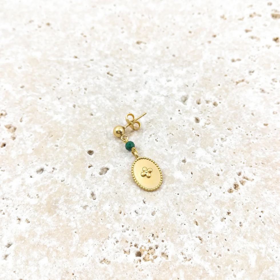 Boucle d'oreille pendante fantaisie dorée montée d'une médaille ovale dorée et d'une perle en pierre malachite.