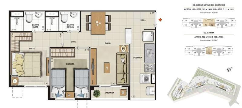 Planta 2 quartos 49m²