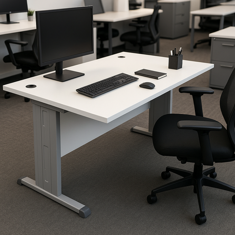 Mesa de madeira para estudo branca com pés em aço perfurado cinza claro