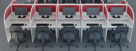 Baias para call center com abafadores acústivos e mesa regulável
