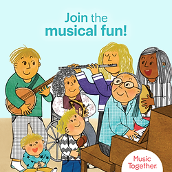 An inclusive Music Together classroom filled with joy as babies, toddlers, and children aged 0-5 engage in playful musical activities. Moms and little ones bond in mommy-and-me sessions, surrounded by colorful instruments, smiling faces, and rhythmic movements.