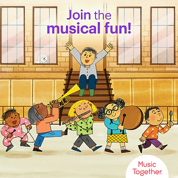 An inclusive Music Together classroom filled with joy as babies, toddlers, and children aged 0-5 engage in playful musical activities. Moms and little ones bond in mommy-and-me sessions, surrounded by colorful instruments, smiling faces, and rhythmic movements.