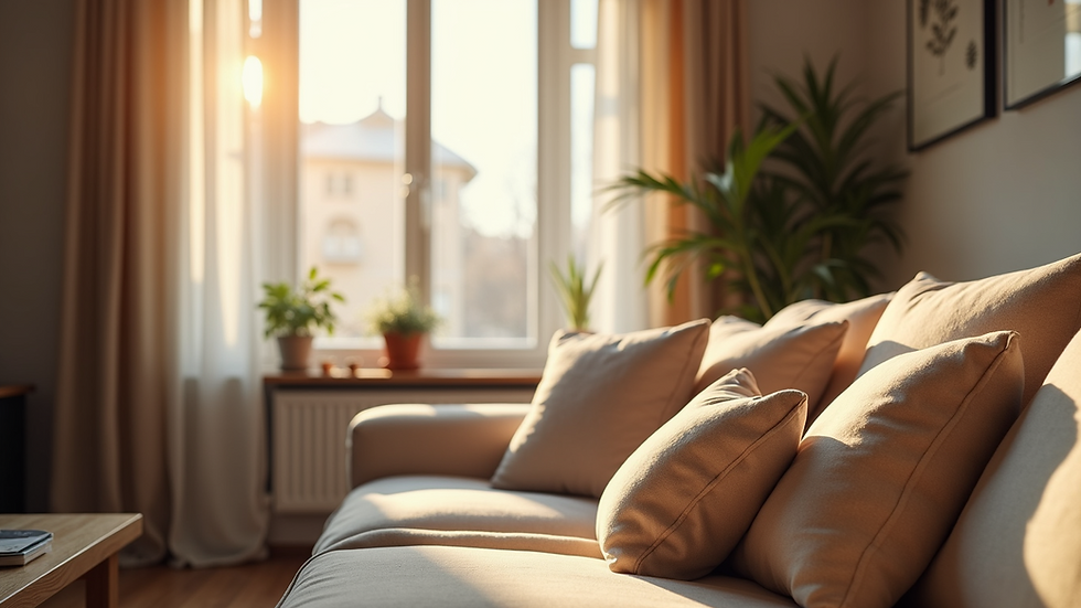 Eye-level view of a cozy family living room with soft cushions and warm lighting