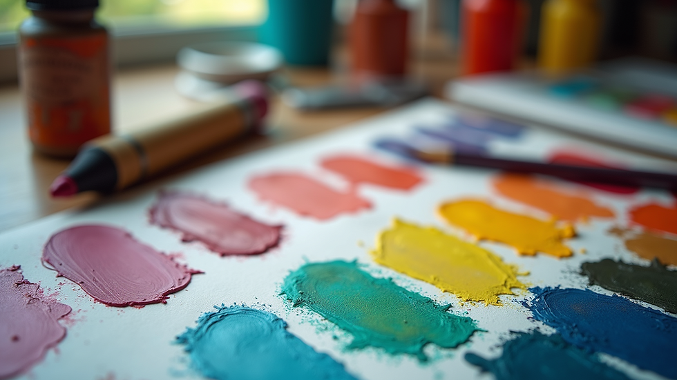 High angle view of colorful art supplies on a table