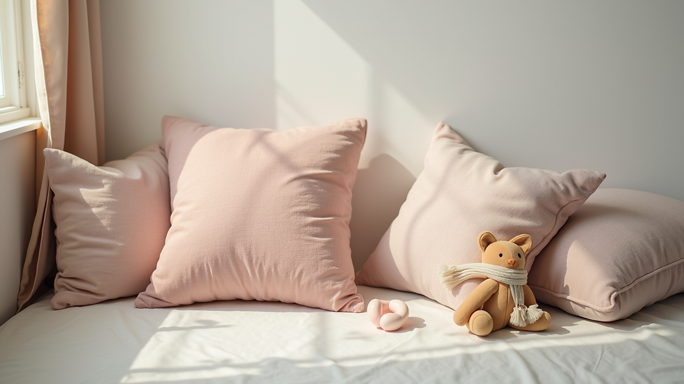 Close-up view of a calm corner with soft pillows and sensory toys