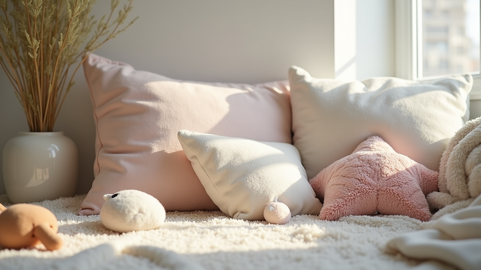 Close-up of a calm-down corner with soft pillows and sensory toys