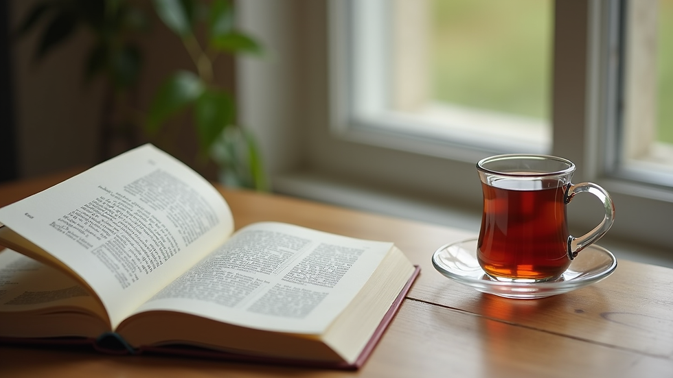 Mesa con libros y té, espacio para hobbies y relajación en adultos mayores