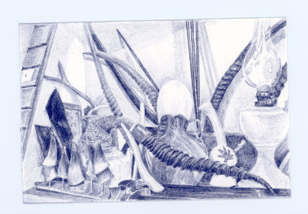 Untitled (worldly) 
28.2.2021 Amir wrote: 
My dad calls this drawing “Worldly”. In Arabic there is a threefold meaning to it that I like {that differs from the meaning in English}. 
He meant the items in the sideboard niche that come from all over the globe, so the drawing encompasses a wide world. Then, the drawing of the knife in its horn sheath as the centerpiece reflects his own world as a collector. 
The third meaning comes from spoken Arabic where people say ‘Alami!’ which translates as ‘worldly’ when they describe something fantastic. And here it truly describes the drawing. 
In his own words: “What can I say about it? It is an Alami drawing. Look what is there: A kerosone lamp from Syria, cow horns from Caucasia, a Nando egg from Southern America, African horns, a Thai bung, deer horns from Norway and India, your grandfather’s cleaver that was made by the Wadi Ara nomads 100 years ago, the arrows, and of course the knife you made for me two years ago. You see? It spans the whole world.”
