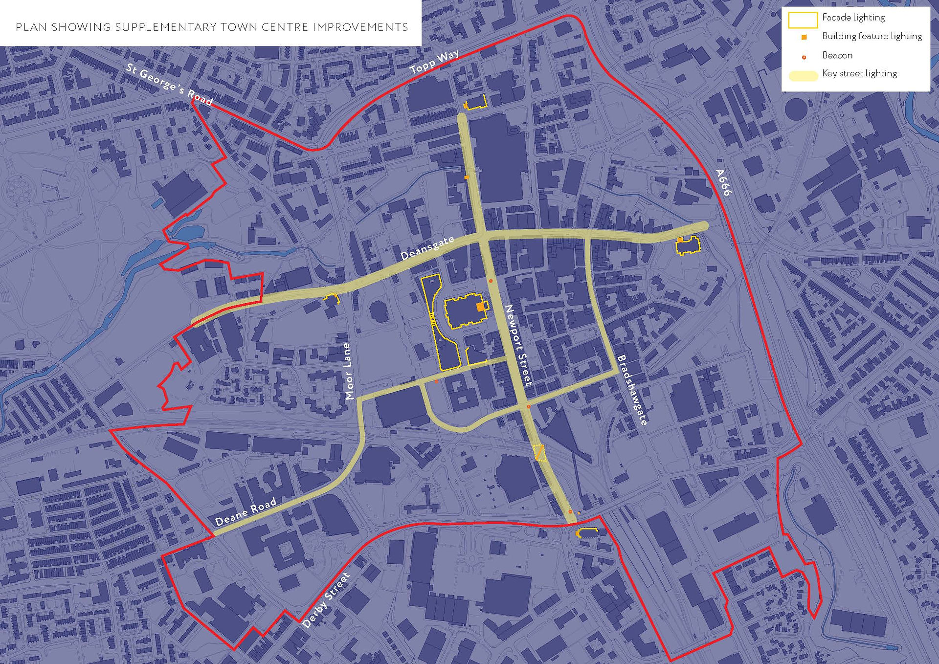 Map showing proposed town center improvements in Bolton. Red outlines highlight the areas with additional lighting and features, including facades, beacons, and key street lighting, with streets and areas marked in different colors.
