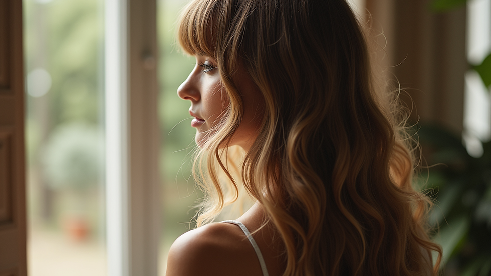 High angle view of long, voluminous hair with KTIP extensions styled in soft waves