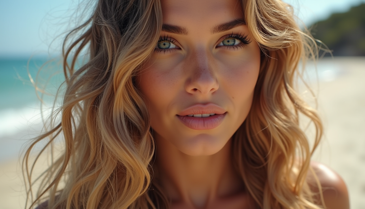 High angle view of wavy hair extensions styled with beach waves under natural sunlight