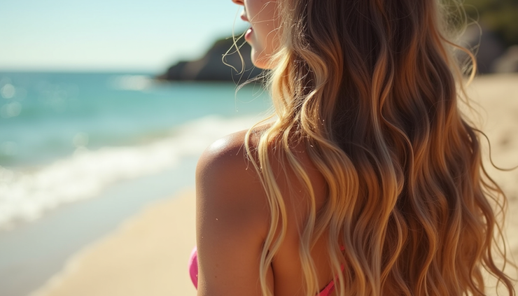 Close-up view of long, wavy hair extensions blending naturally with sunlit beach background