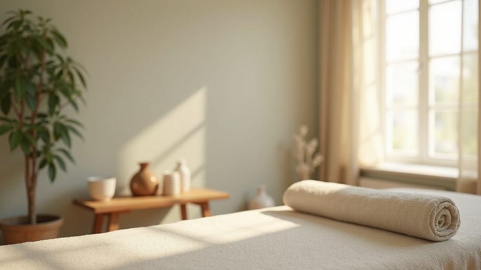 Close-up view of a serene therapy room with calming colors