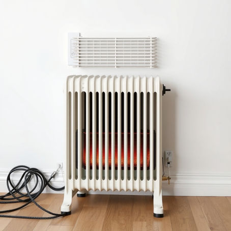 White radiator with visible coils is turned on, glowing red, against a white wall on a wooden floor. Black cord is coiled nearby.