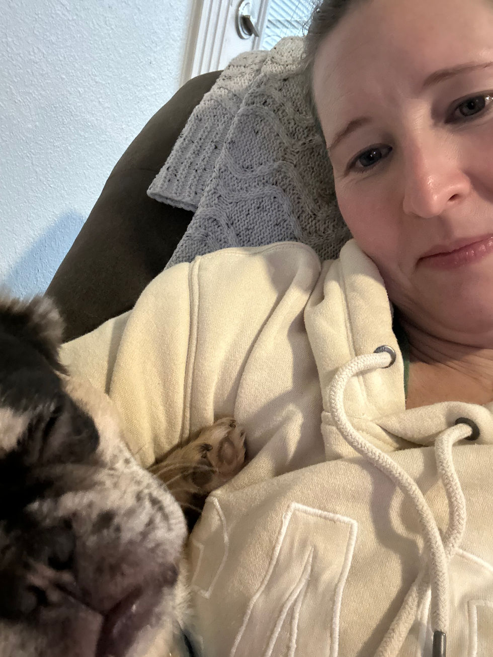 selfie with Opal, the fluffy french bulldog