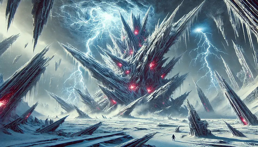 DALL·E 2024-12-05 18.24.46 - A surreal and chaotic scene set on a snowy, icy planet, devoi