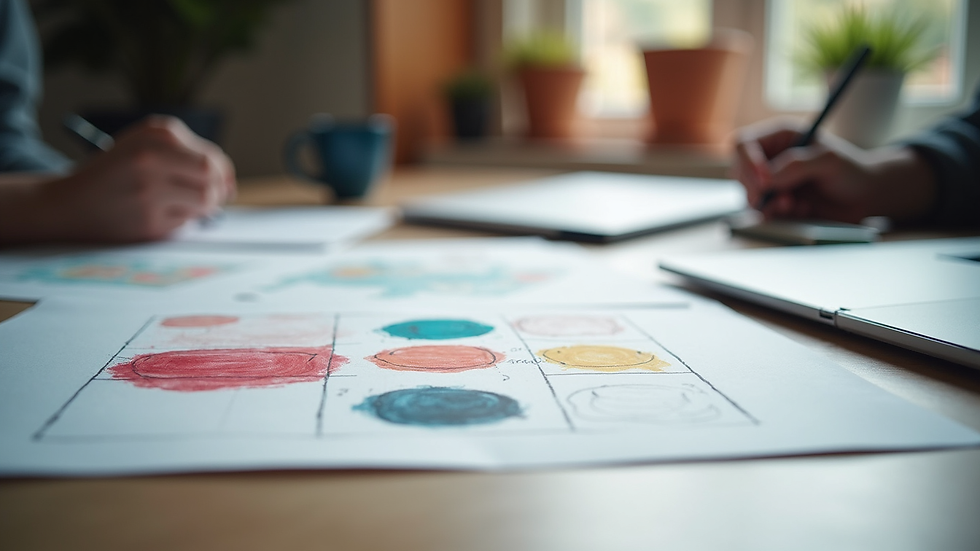 Close-up view of a graphic designer’s workspace with sketches and color palettes