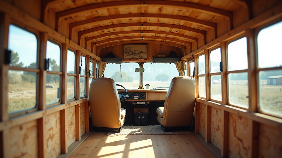 Eye-level view of a partially converted bus interior showing wooden framing and insulation