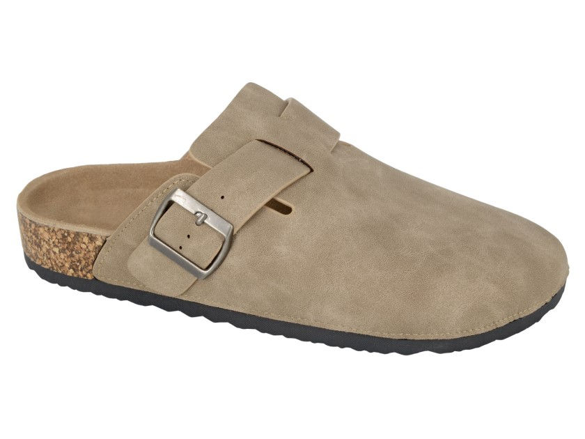 PDQ Buckle Strap Closed Toe Mule Sandal Taupe