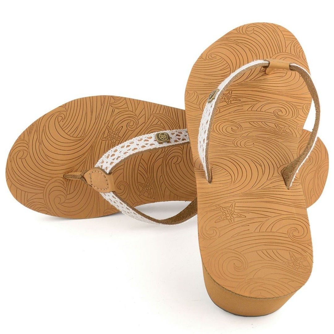 Ladies Urban Beach Leather Heeia Wedge Flip Flop In Tan FW961