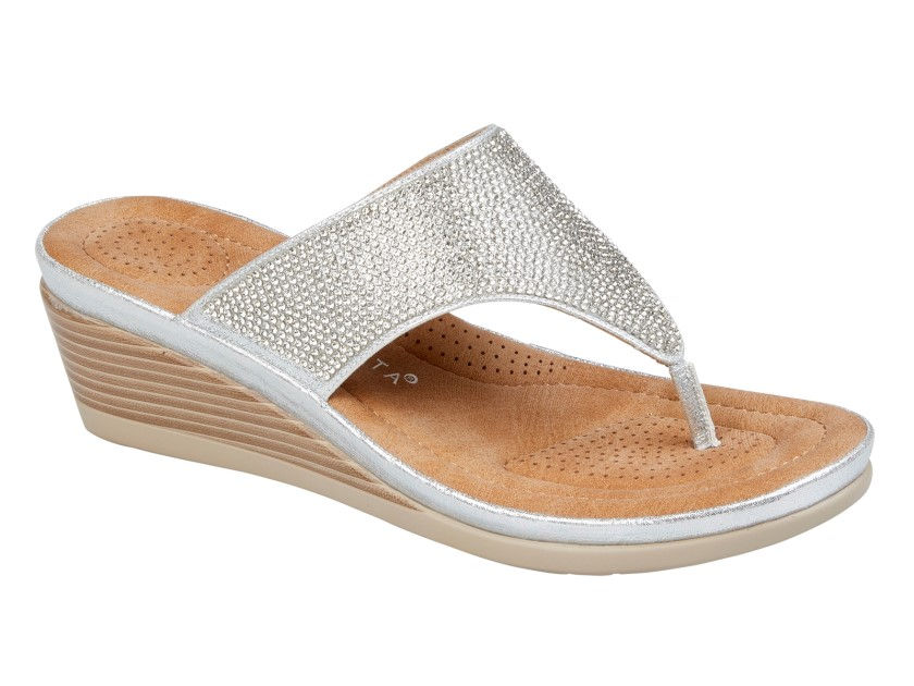 CIPRIATA Toe Post Diamonte Wedge Sandal Silver