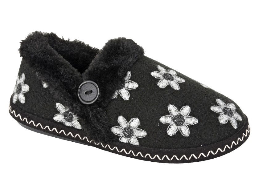 SLEEPERS Faux Fur Cuff Flower Slipper Black