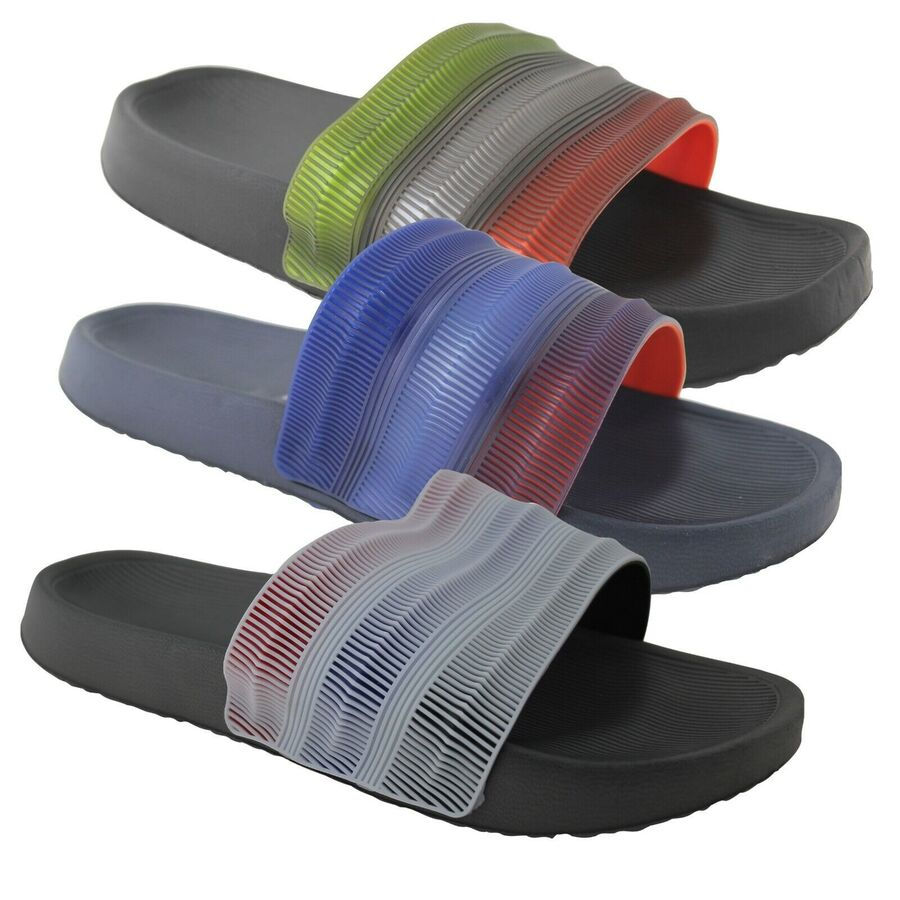 Mens Stripes Summer Pool Sliders Black 009