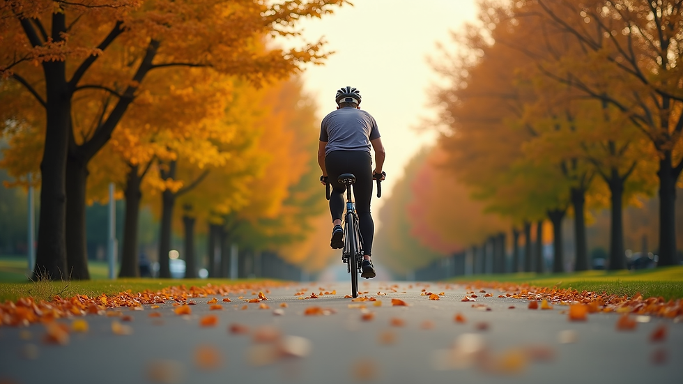 Eye-level view of a cyclist riding through a vibrant park