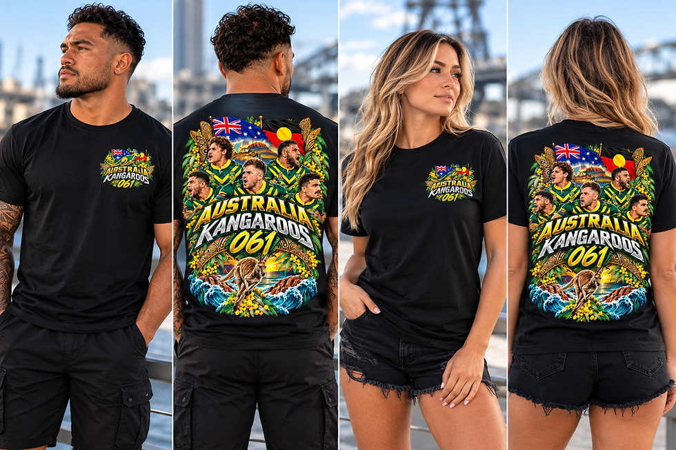 Male and female models wearing black MOJAH Australia Kangaroos 061, featuring green-and-gold front logo