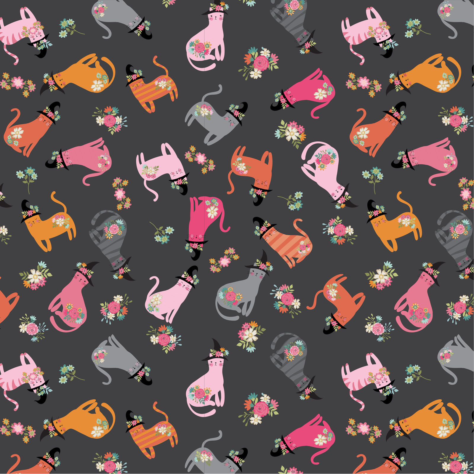 Kitty Loves Candy | Cats in Hats Black By Lori Woods for Poppie Cotton Fabrics