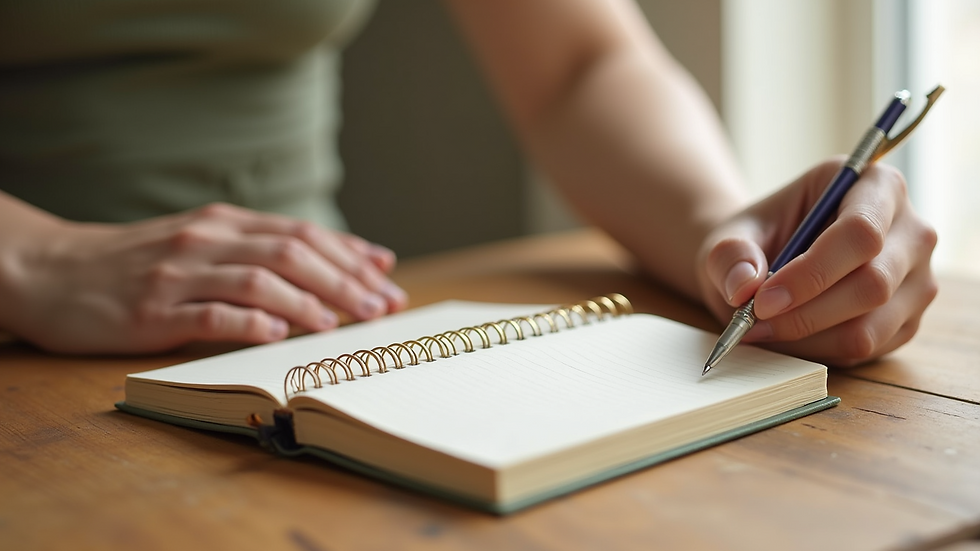 Close-up view of a journal and pen resting on a wooden table