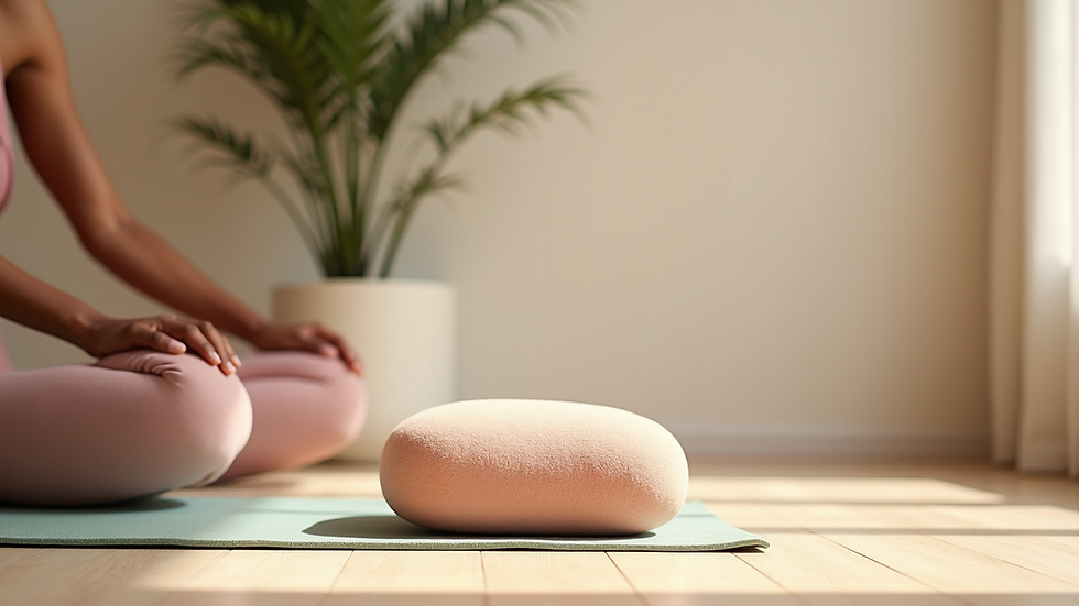 Eye-level view of a yoga mat and cushion in a peaceful studio corner