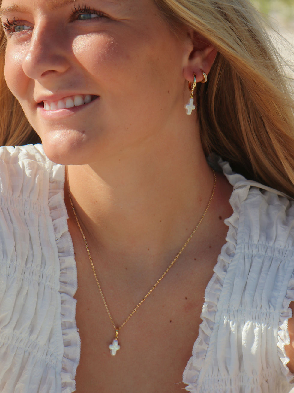 Thumbnail: Gold Pearl Cross Earrings