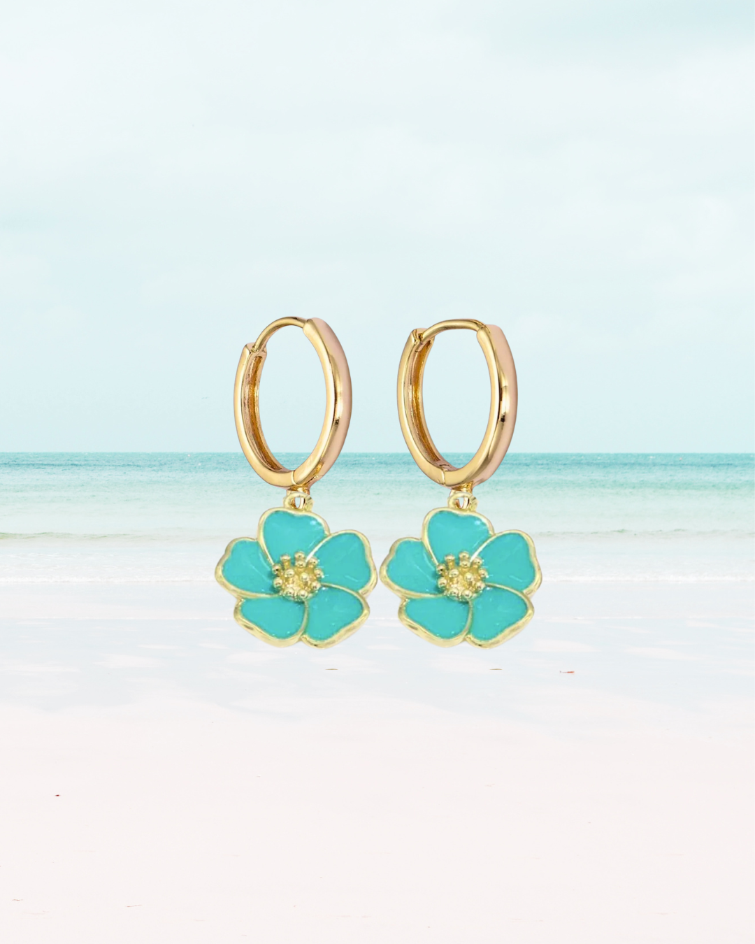 Teal Blue Hibiscus Flower Earrings